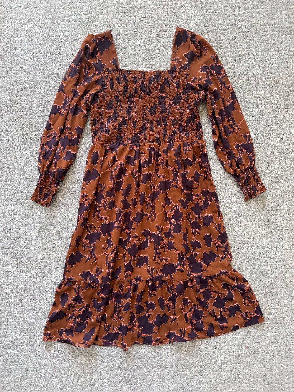 Nine West XL Smocked Long Sleeve Midi Dress Brown Pink Floral